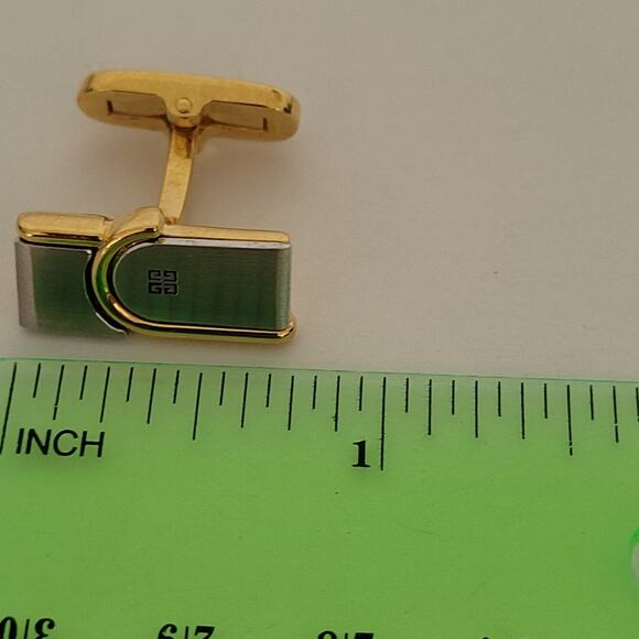Givenchy Cufflinks Set Gold Silver Tone Rectangle Logo Vintage Designer Geometri - Picture 7 of 7